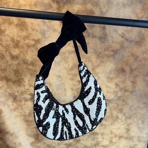 Black & White Beaded Zebra crescent Bag with Velvet Tie